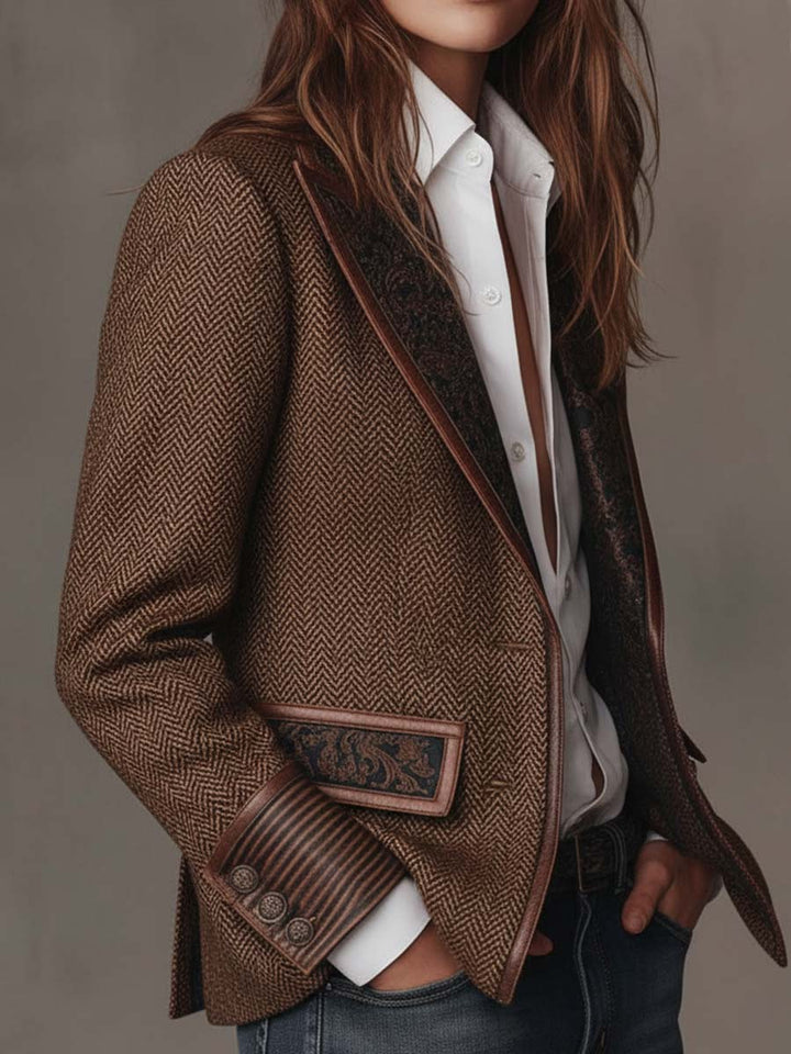 Penny - Brown Chevron Blazer with Printed Lapel and Contrast Trim