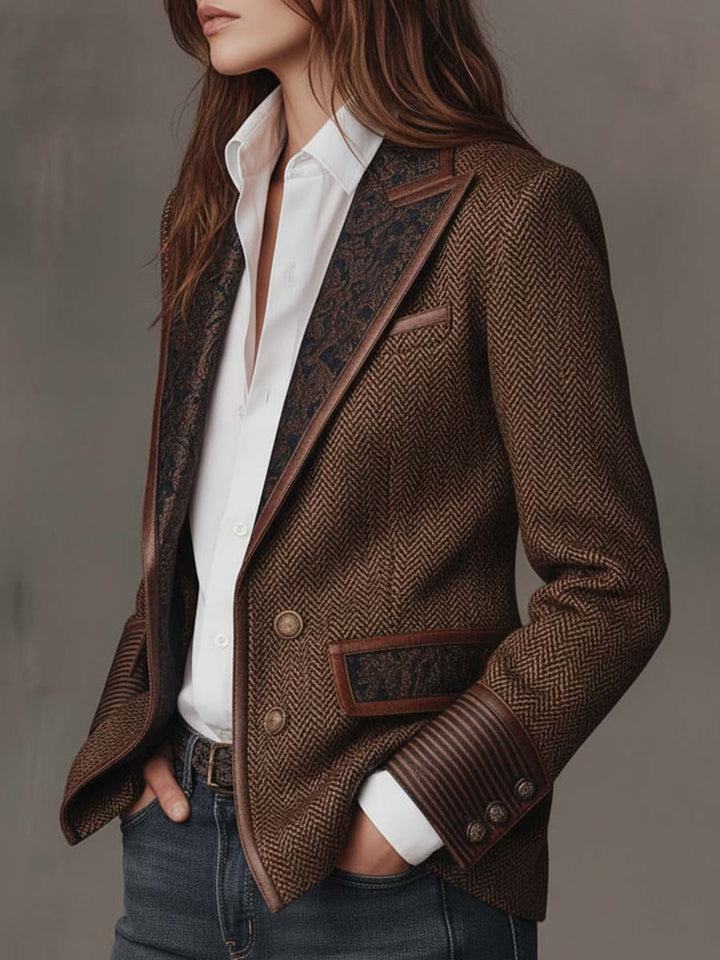 Penny - Brown Chevron Blazer with Printed Lapel and Contrast Trim