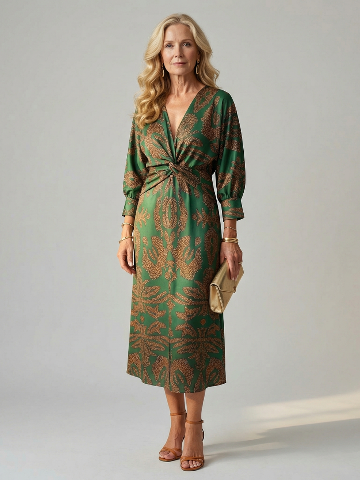 Lucy - Midi Dress with Long Sleeves and Natural Print