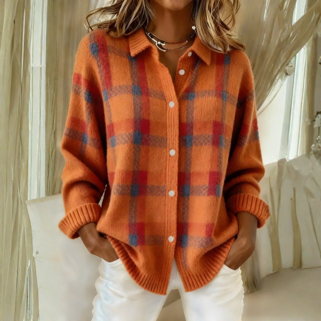 Jovie - Orange Plaid Knit Cardigan