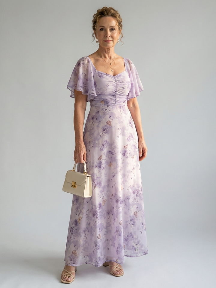 Chantal - Long Floral Dress with Flutter Sleeves and Square Neckline
