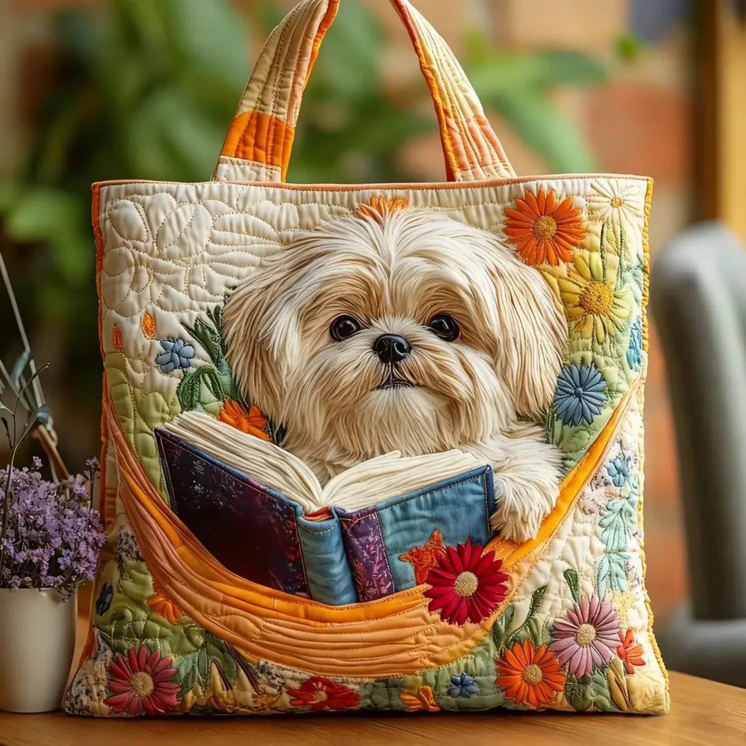 Bolsa Tote Acolchada - Shih Tzu con Libros y Flores