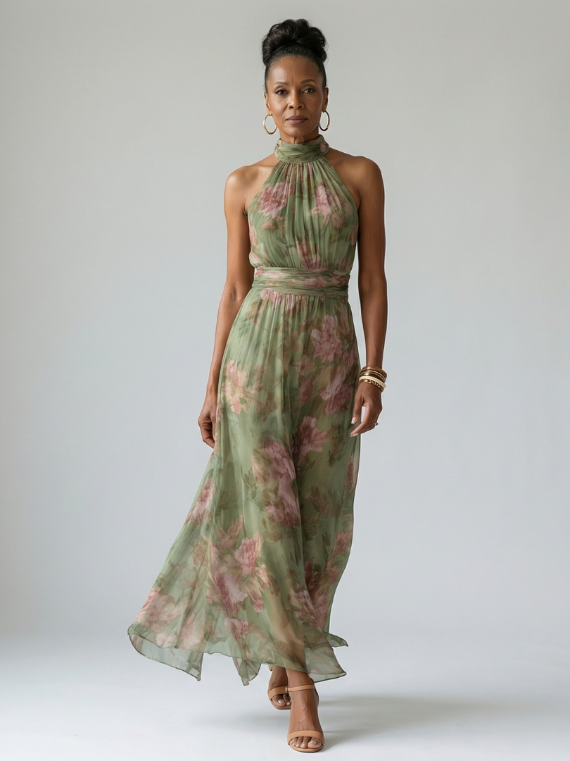 Emelia - Floral Halter Midi Dress with Seam Detail