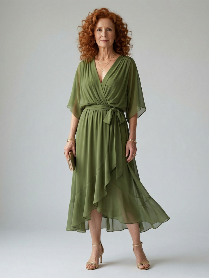 Darla - Draped Midi Dress with Elbow Sleeves