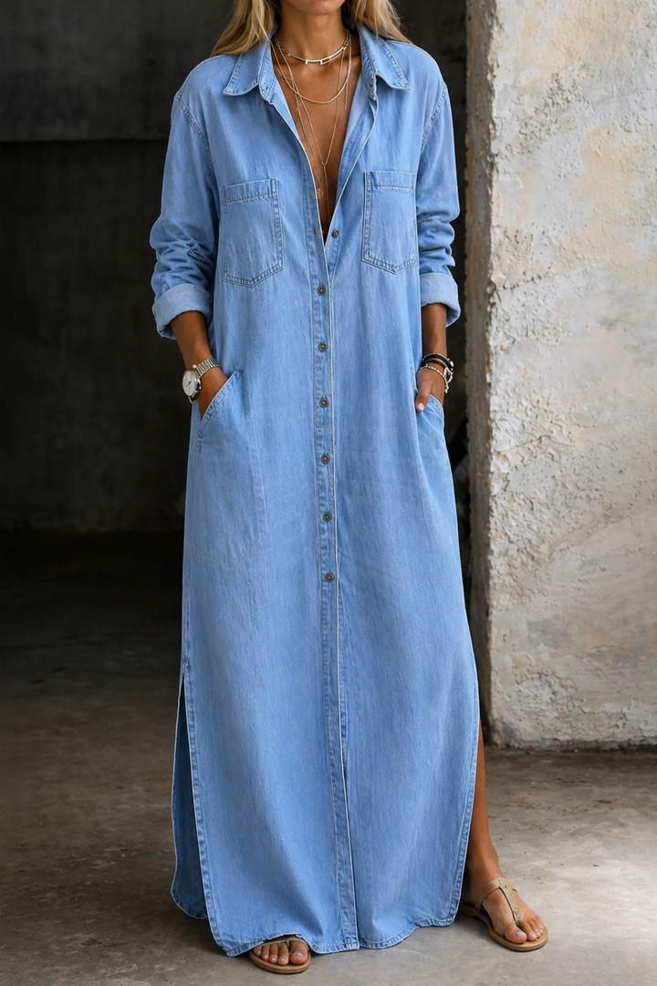 Sophia - Long Button-Front Shirt Dress with Slit