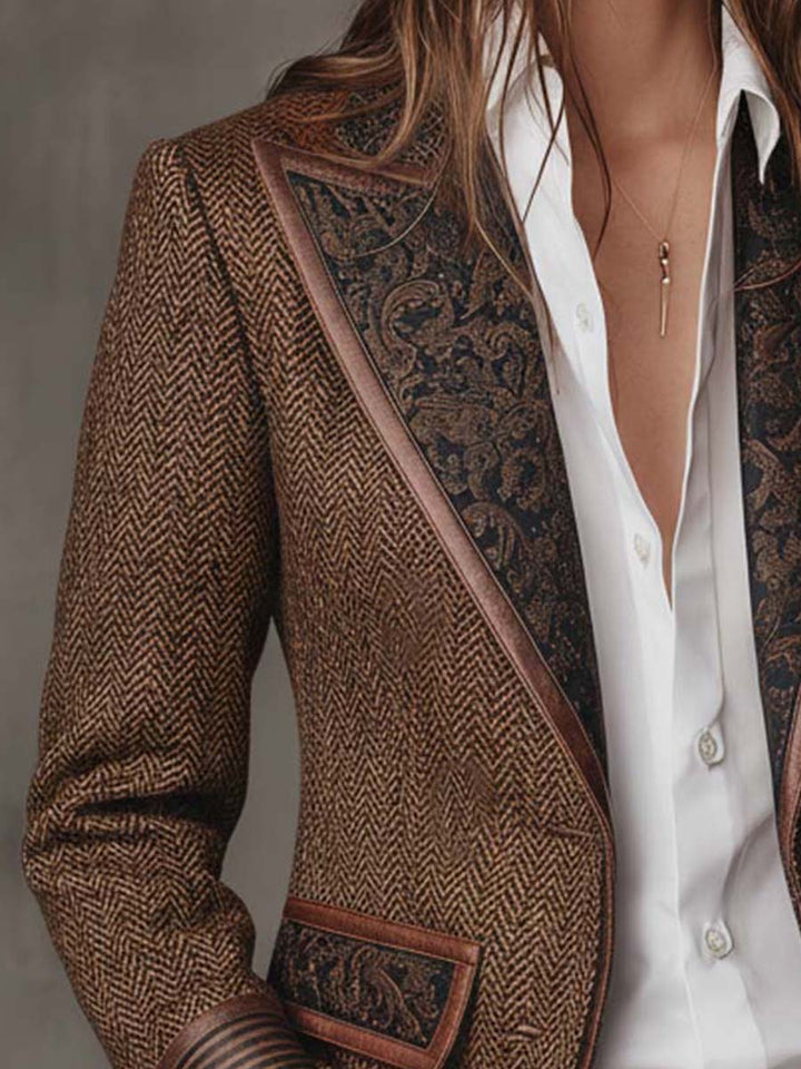 Penny - Brown Chevron Blazer with Printed Lapel and Contrast Trim