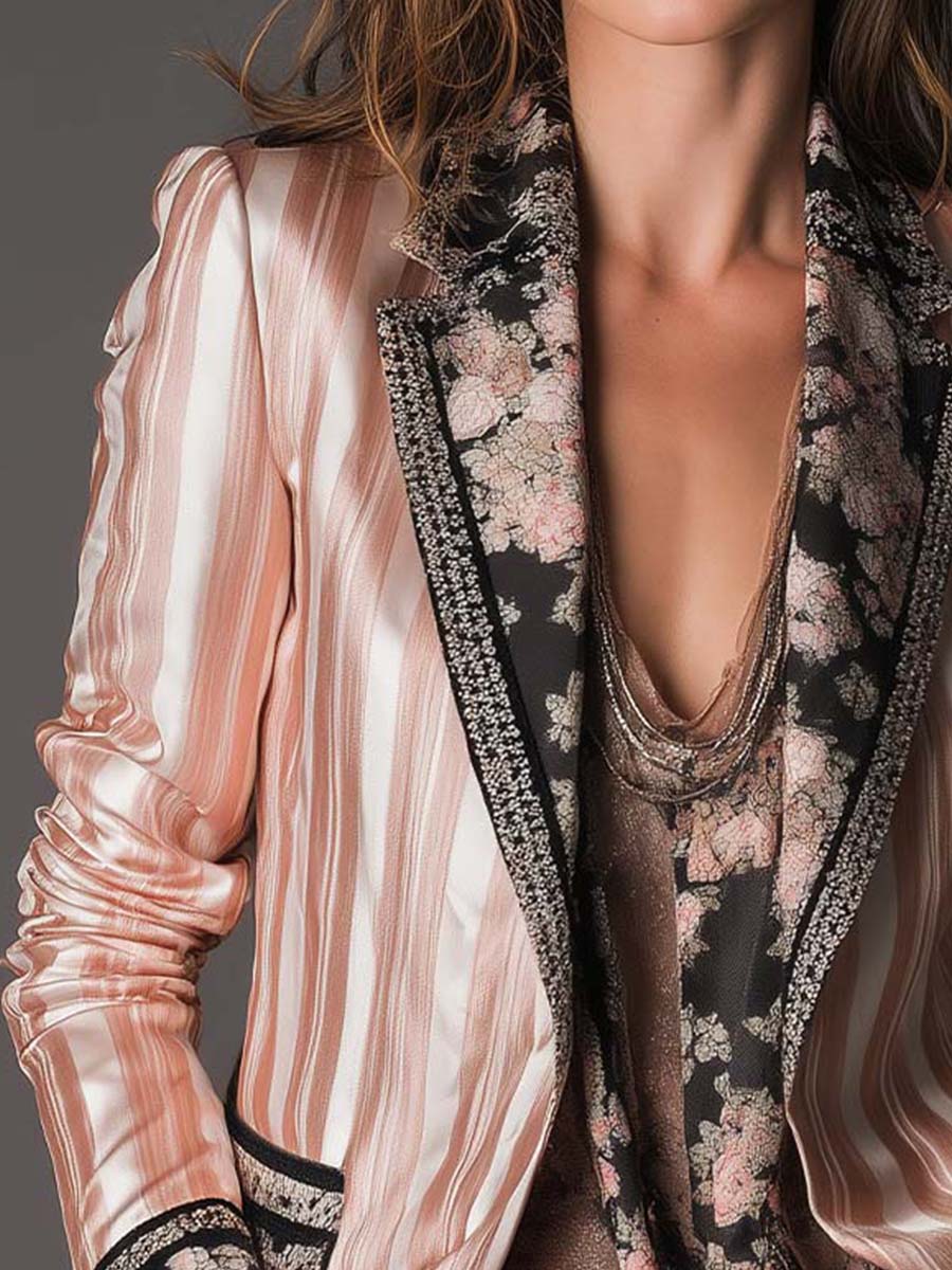 Bria - Pink Satin-Stripe Blazer with Vintage Floral Lining