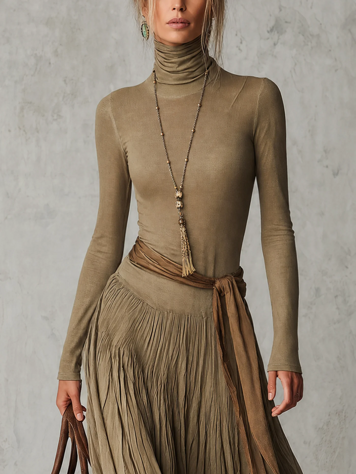 Honora - Green Pleated Maxi Dress with Waist Flower