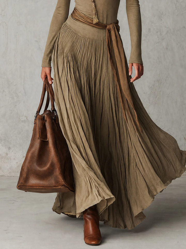 Honora - Green Pleated Maxi Dress with Waist Flower