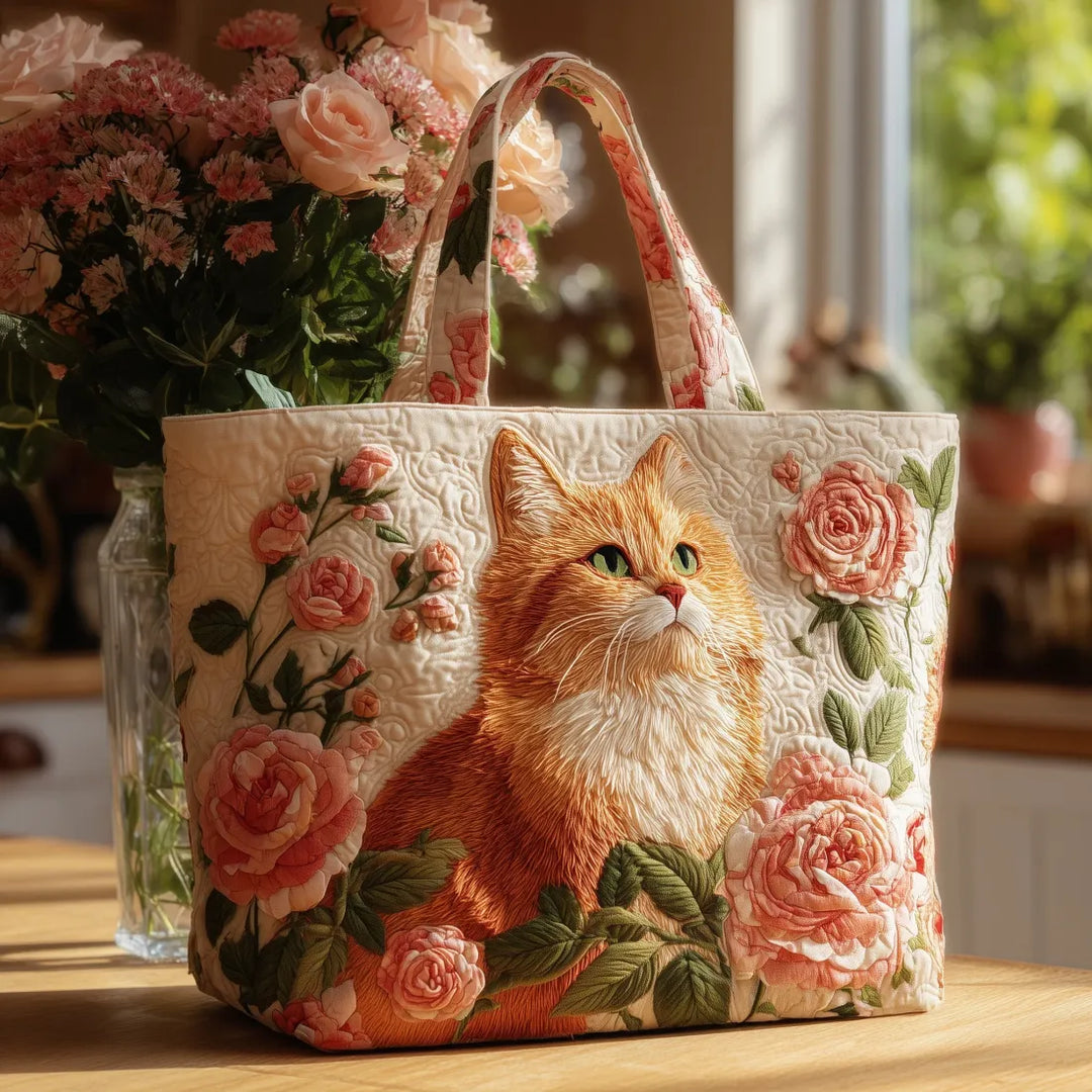 Bolsa Tote Acolchada - Gato Jengibre con Rosas