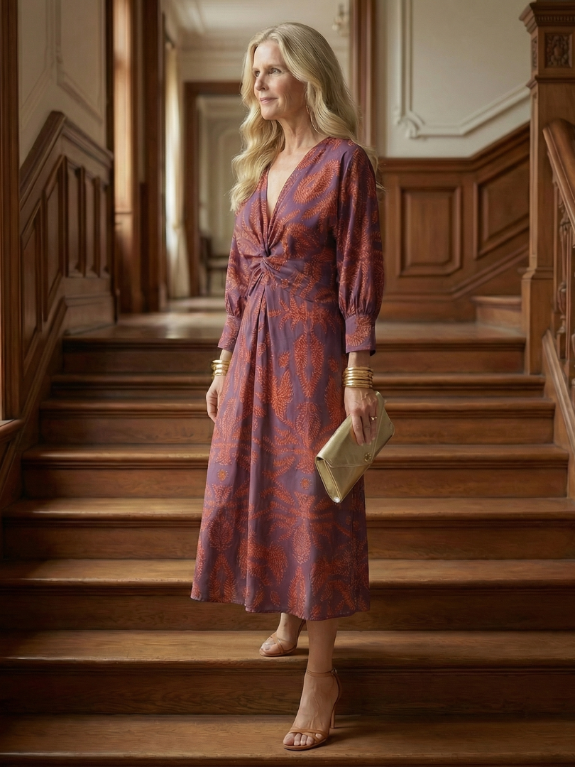 Lucy - Midi Dress with Long Sleeves and Natural Print