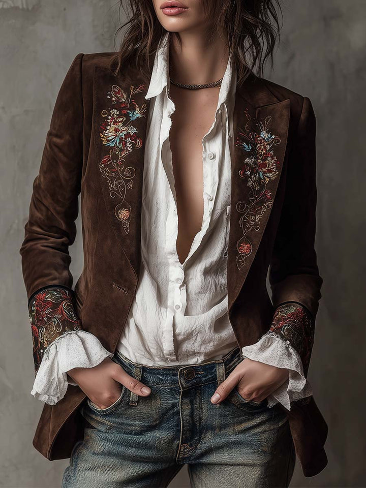 Linden - Vintage Brown Leather Blazer with Floral Embroidery