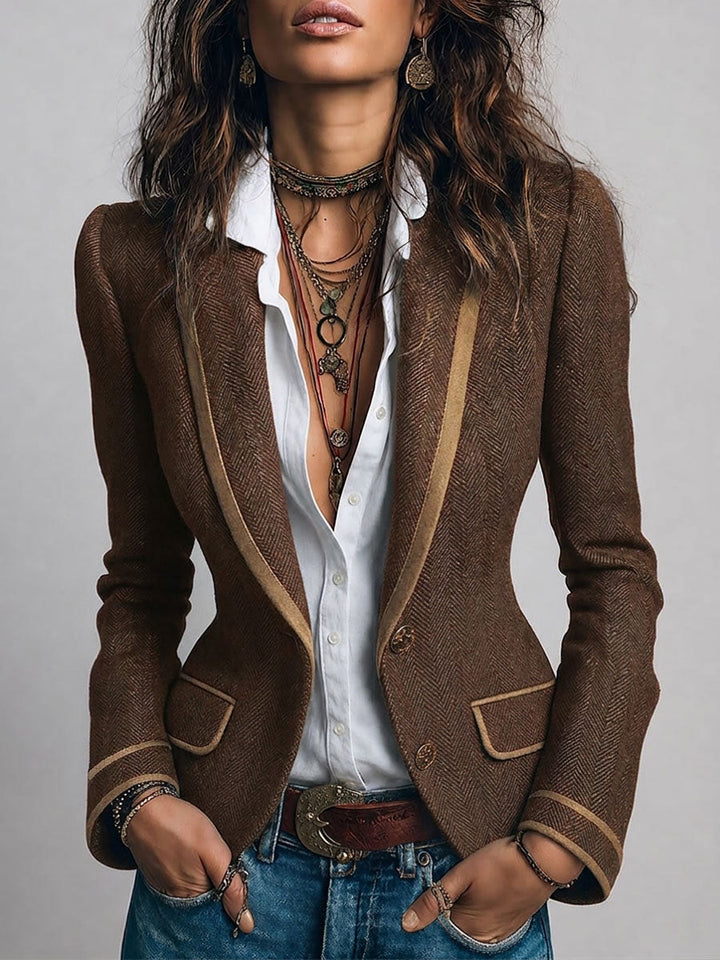 Dara - Retro Herringbone Blazer with Contrast Details