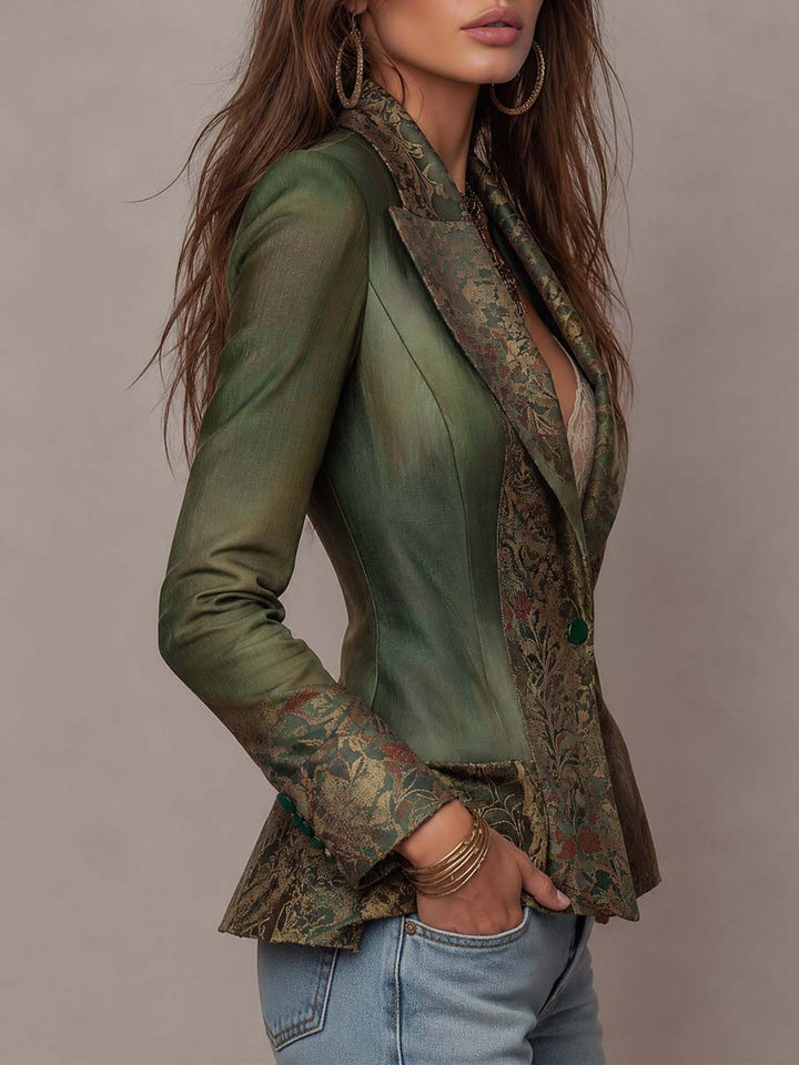 Yvette - Fitted Olive Blazer with Vintage Floral Tapestry Lapels and Cuffs