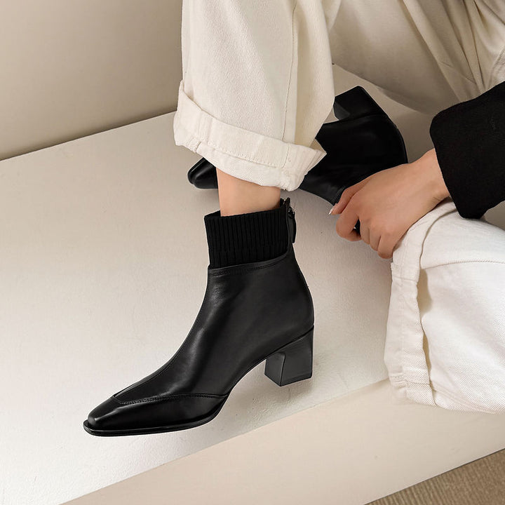 Cosima - Genuine Leather Square Toe Ankle Boots