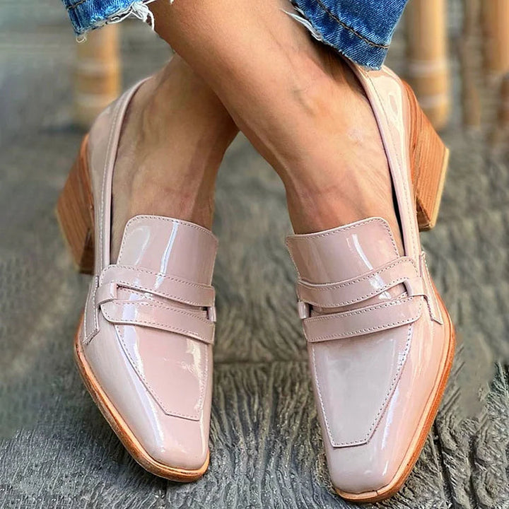 Emerson - Glossy Block Heel Loafers