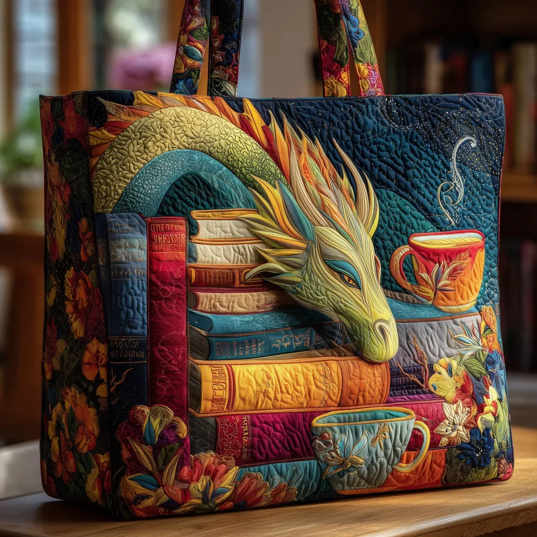 Bolsa Tote Acolchada - Dragón Lector con Libros y Tazas