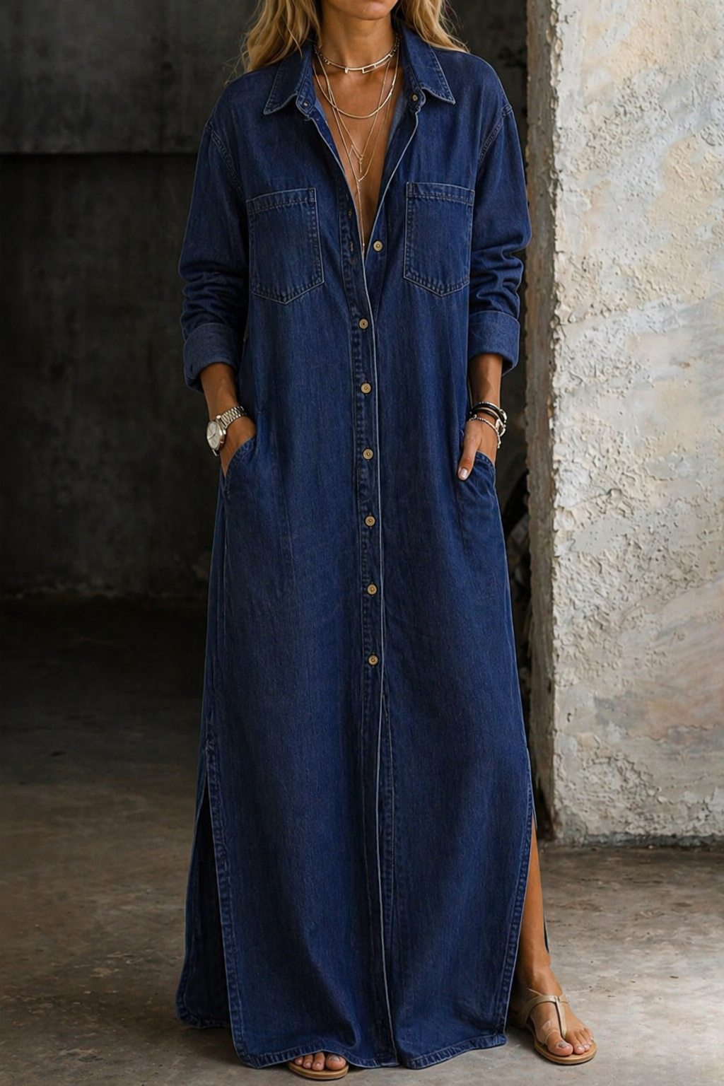 Sophia - Long Button-Front Shirt Dress with Slit