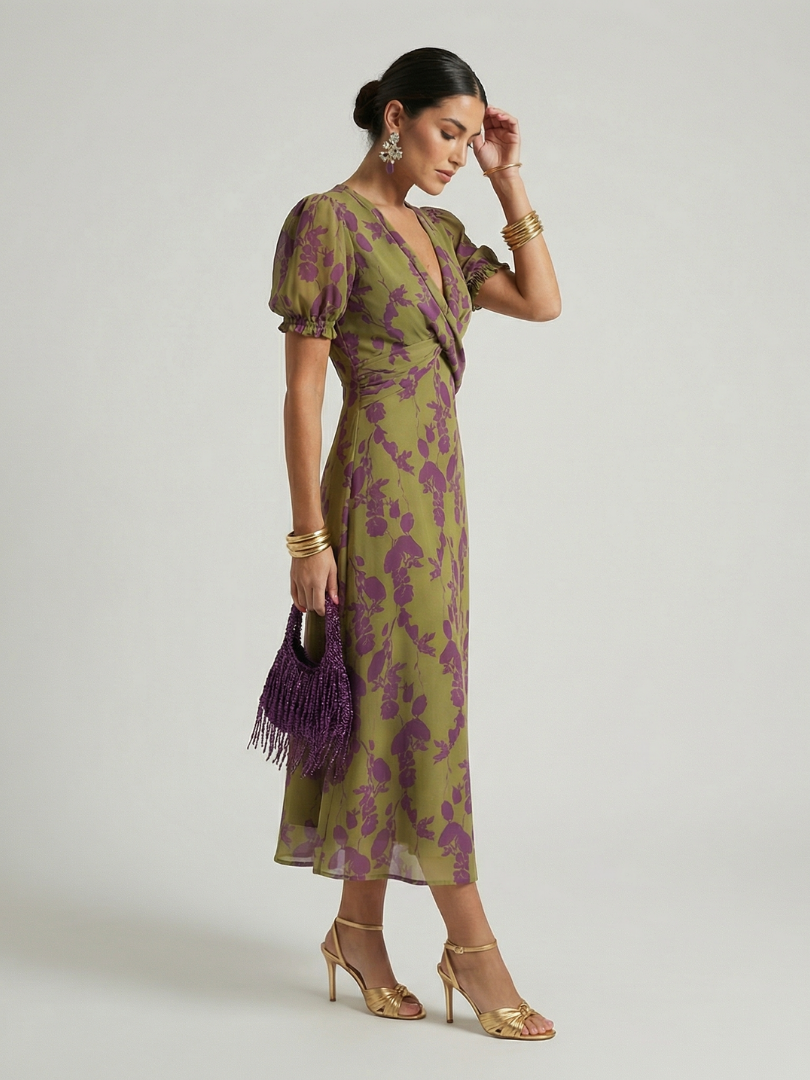 Evangelina - Floral Midi Dress with Short Sleeves