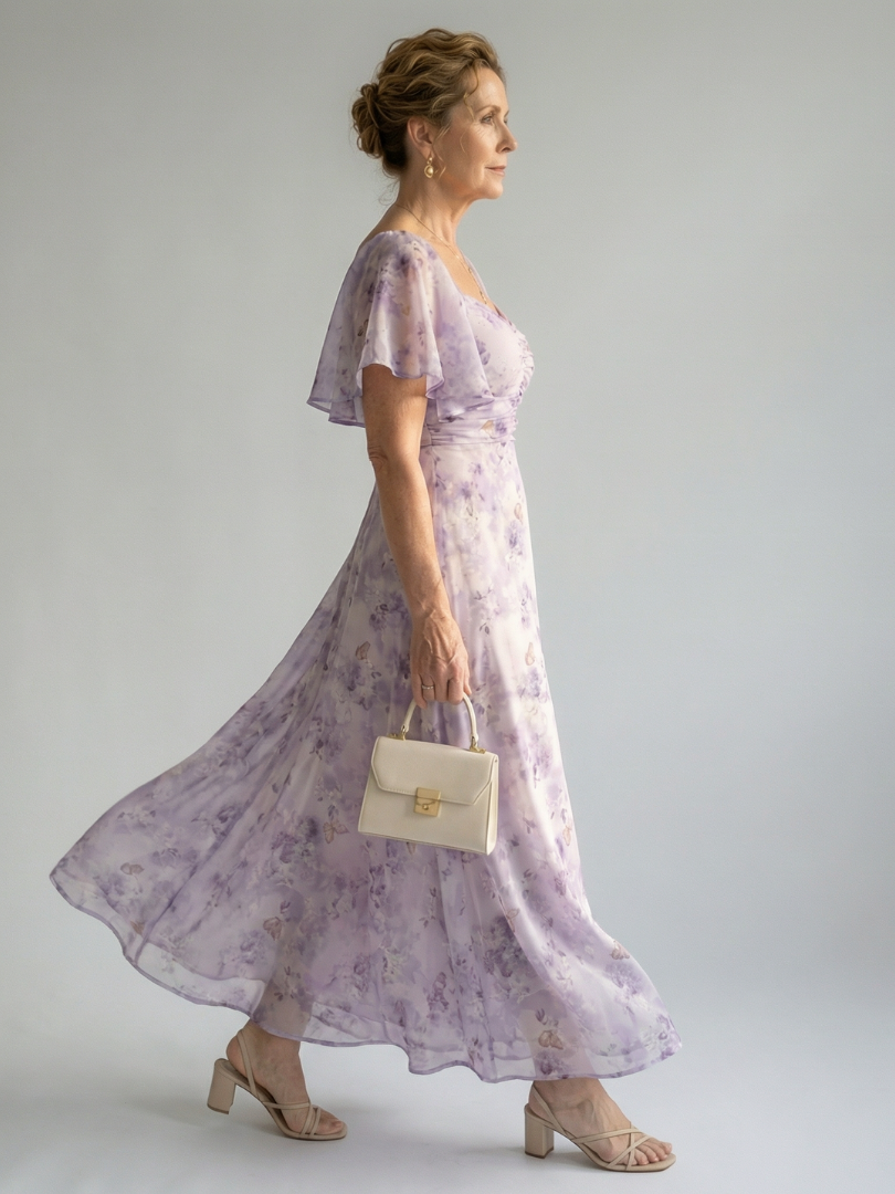 Chantal - Long Floral Dress with Flutter Sleeves and Square Neckline
