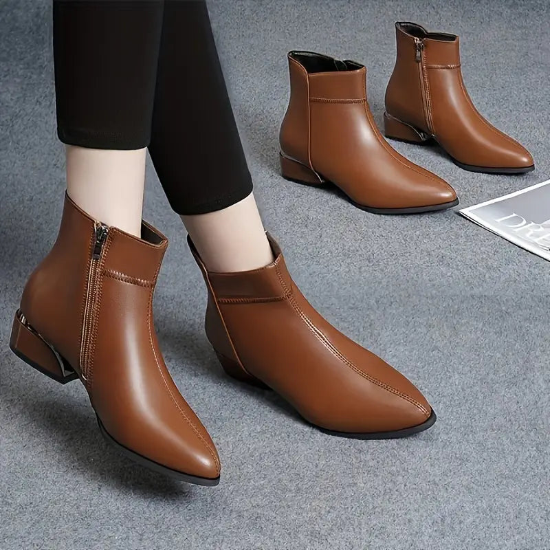 Gracie - Pointed Toe Block Heel Leather Boots