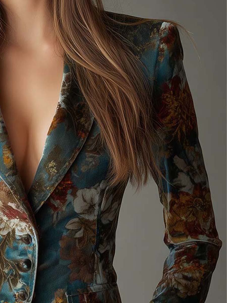 Lena - Fitted Vintage Teal Velvet Blazer with Floral Print