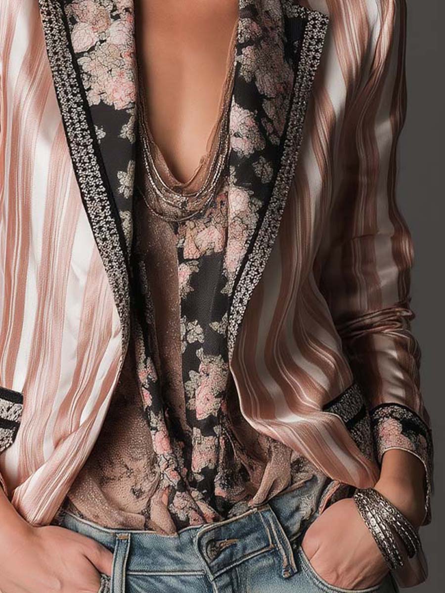 Bria - Pink Satin-Stripe Blazer with Vintage Floral Lining