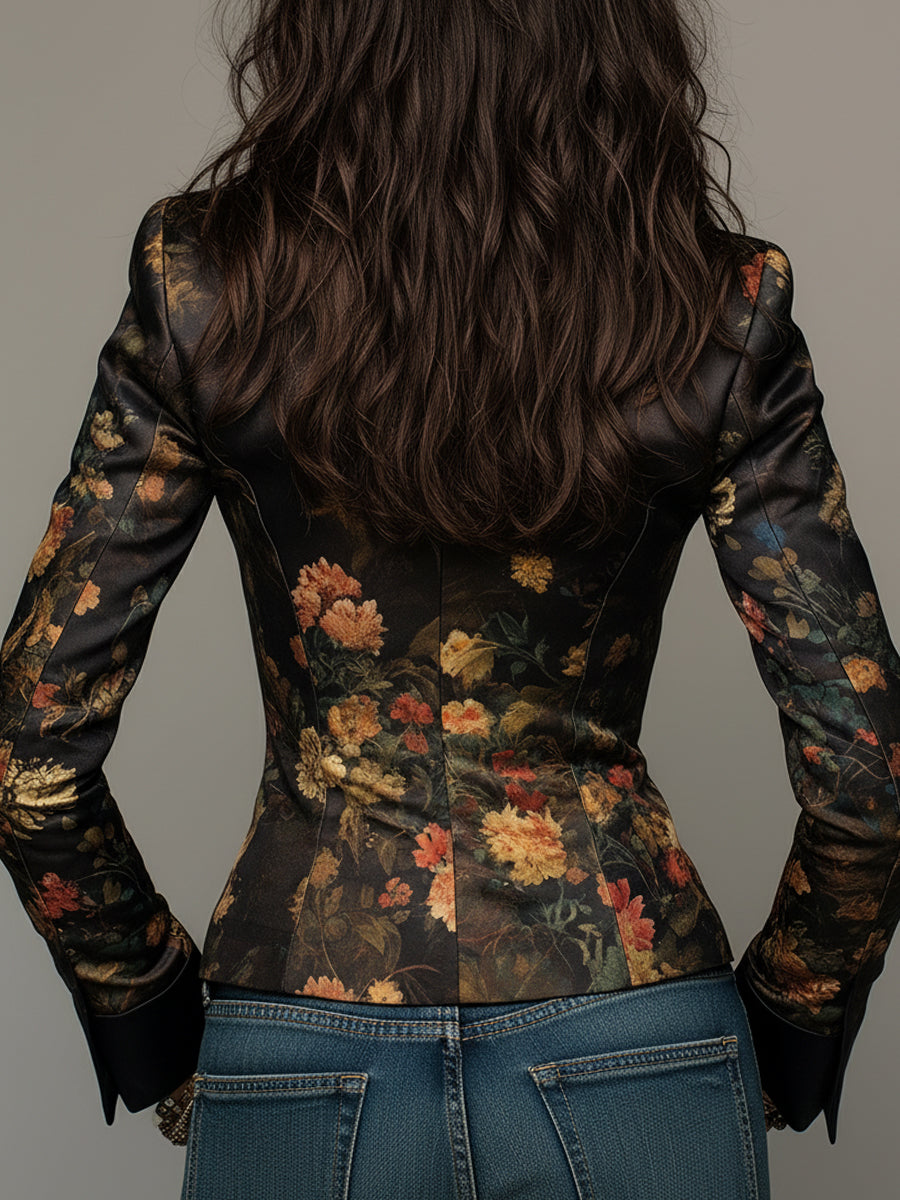 Eden - Oil-Painting Floral Print Satin Blazer