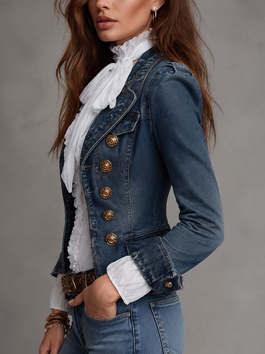 Una - Western-Inspired Vintage Frayed Denim Cropped Jacket with Gold Buttons
