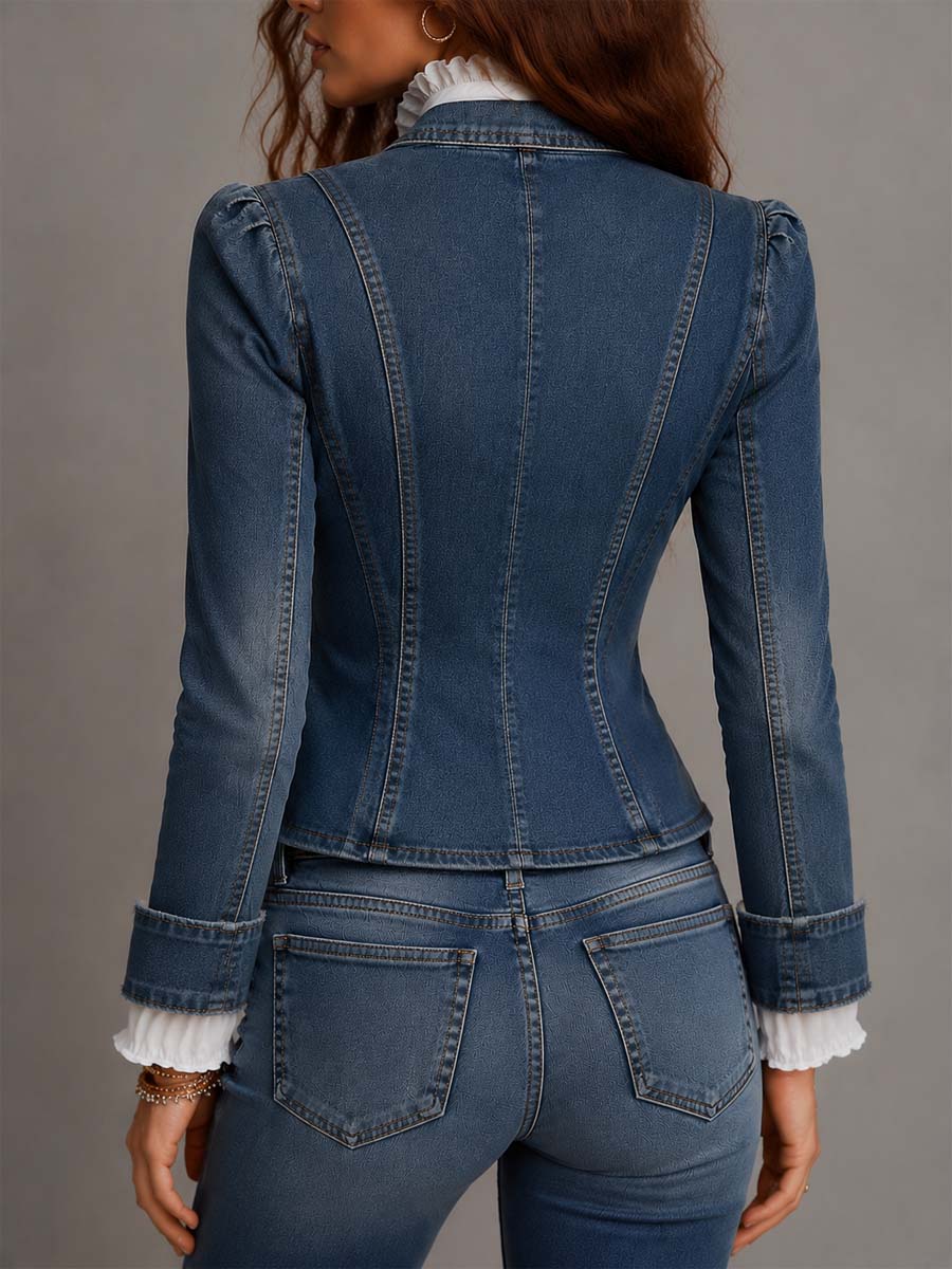 Una - Western-Inspired Vintage Frayed Denim Cropped Jacket with Gold Buttons