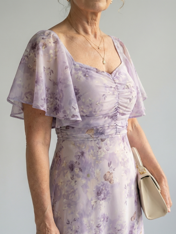 Chantal - Long Floral Dress with Flutter Sleeves and Square Neckline