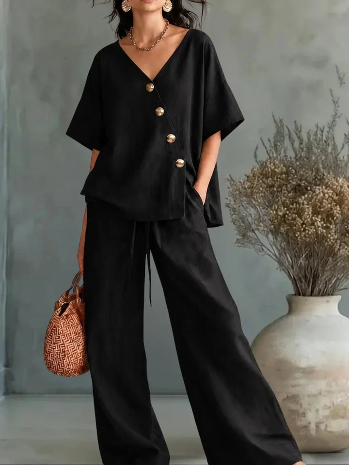 Capucine - V-Neck Top and Drawstring Palazzo Pants Set