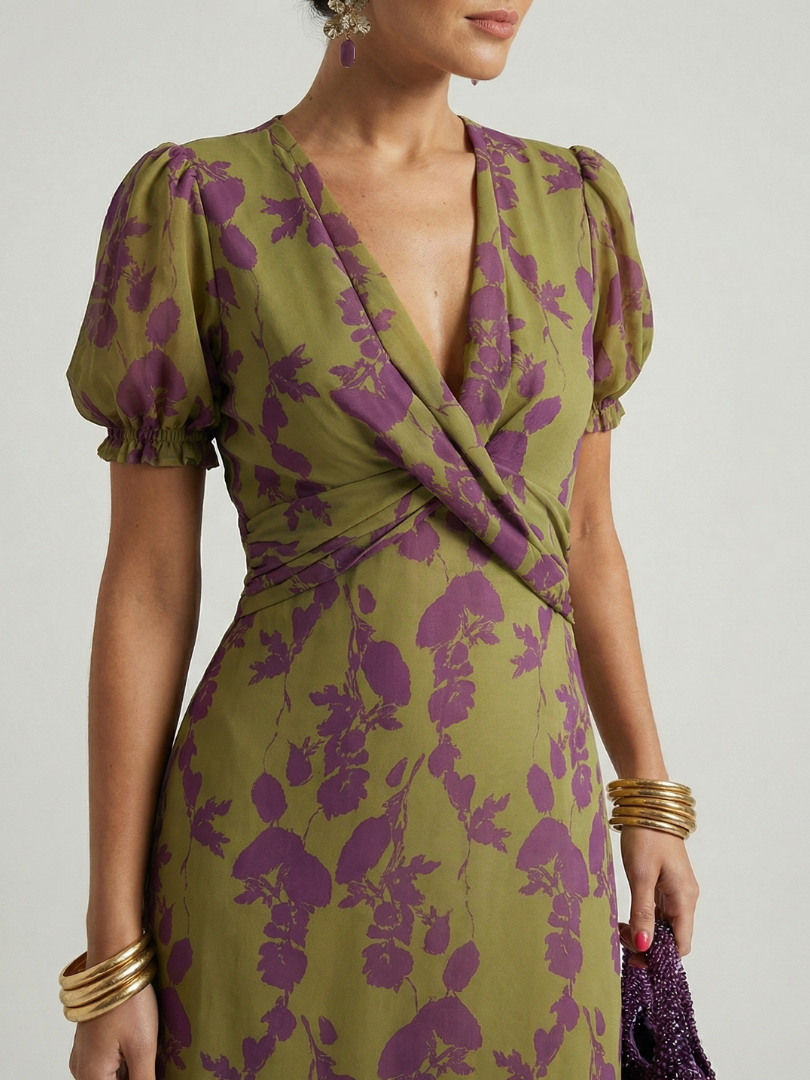 Evangelina - Floral Midi Dress with Short Sleeves