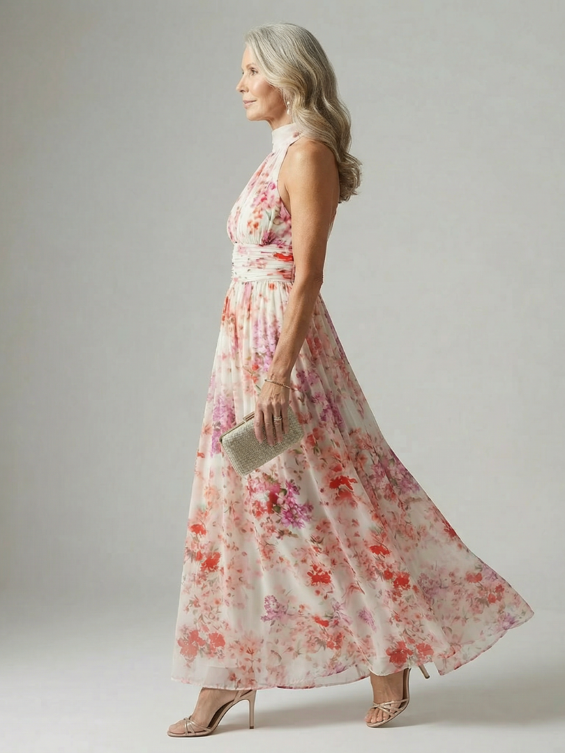 Mona - Long Floral Dress with Crossover Neckline