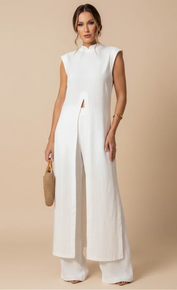 Myra - White Flutter Shoulder Tunic & Pants Set