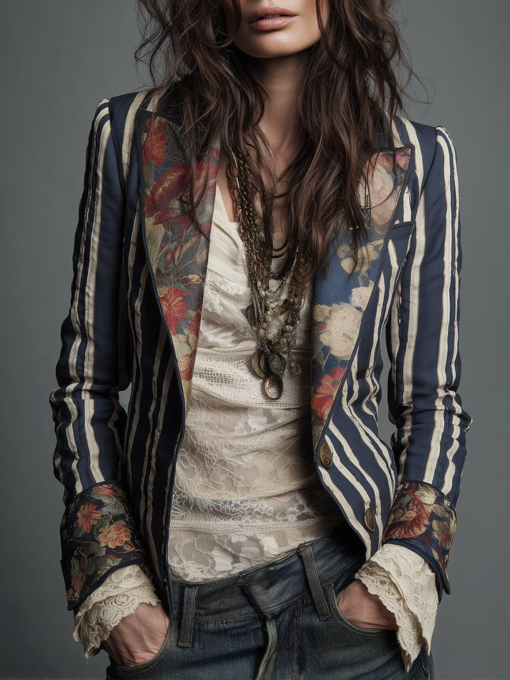 Willa - Cotton-Linen Striped Floral Blazer