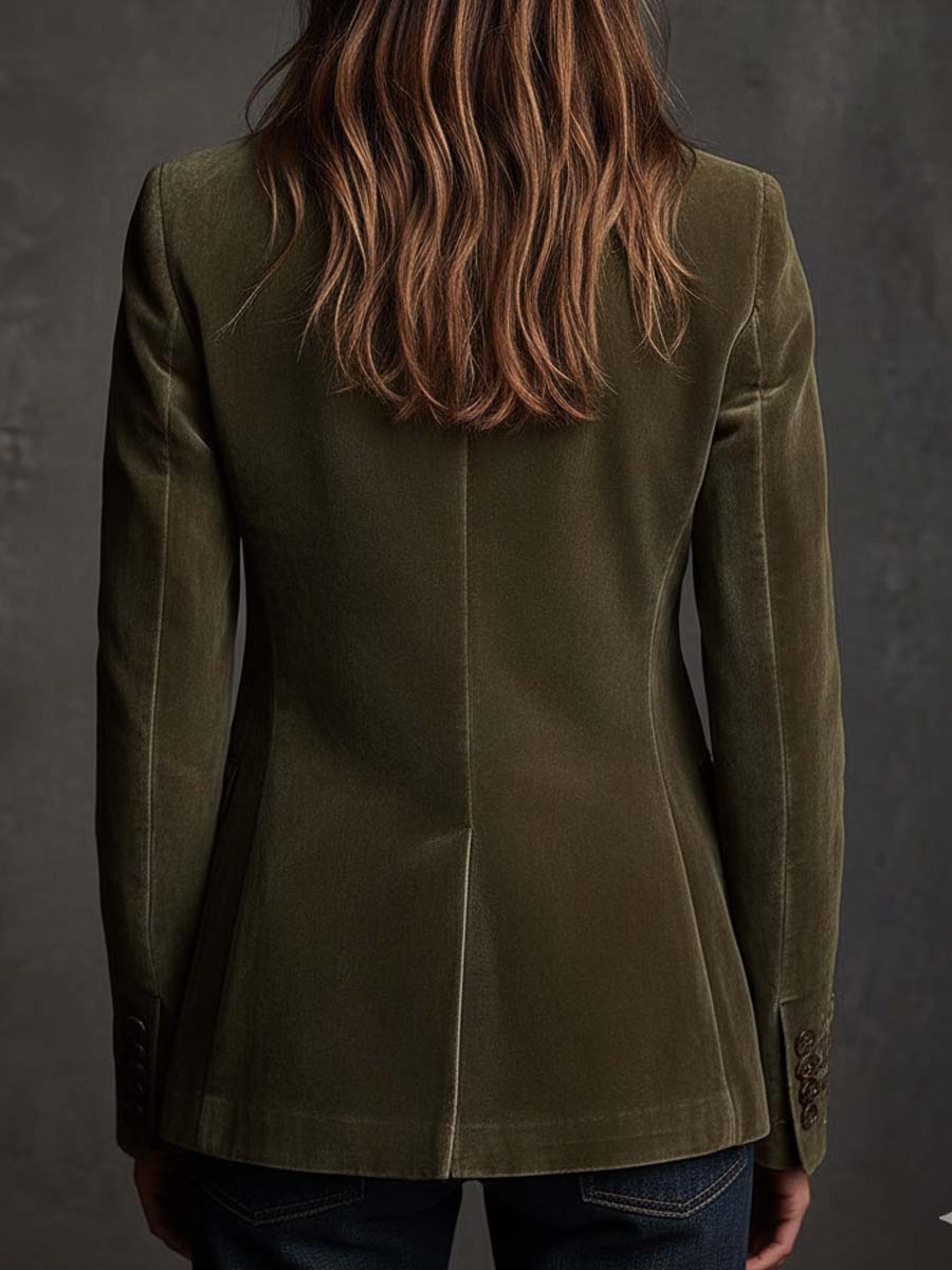Iris - Olive Velvet Blazer with Floral Embroidery