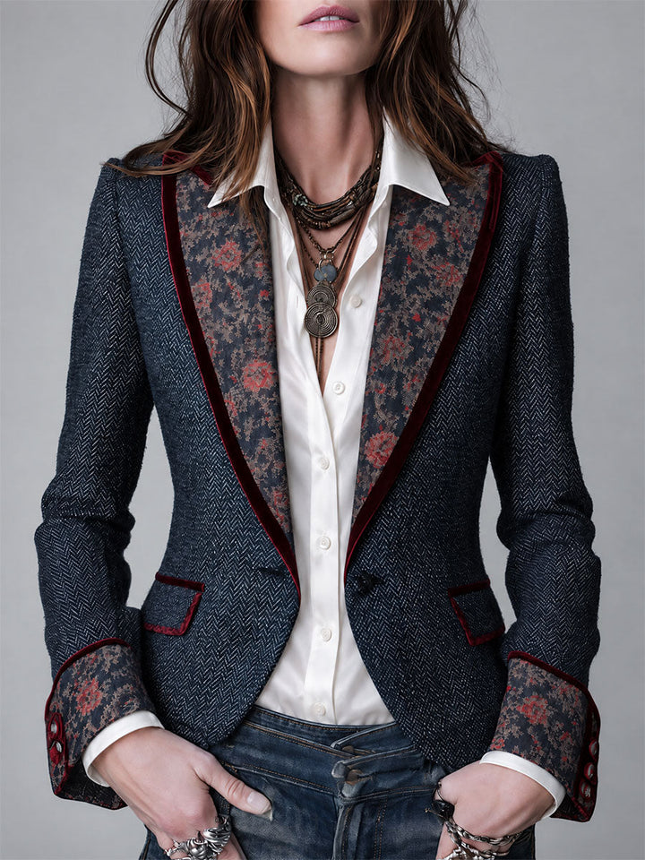 Ellis - Retro Tapestry Denim Blazer with Velvet Floral Lapels
