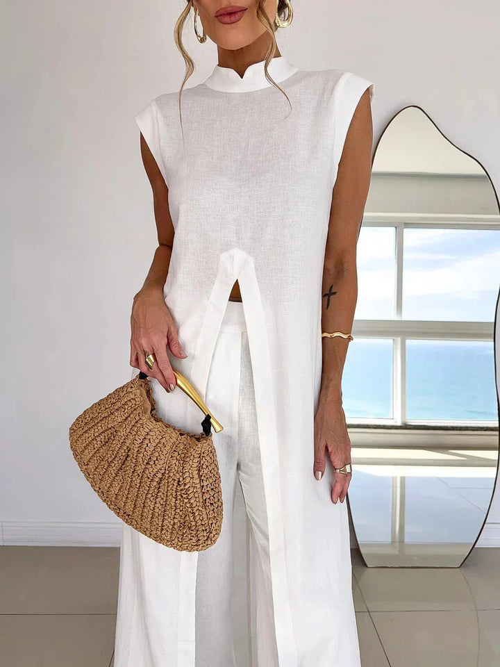 Myra - White Flutter Shoulder Tunic & Pants Set
