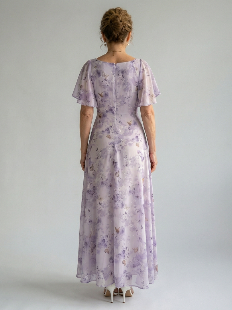 Chantal - Long Floral Dress with Flutter Sleeves and Square Neckline