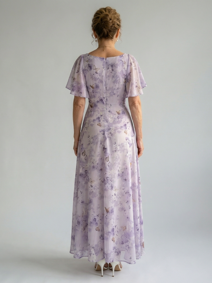 Chantal - Long Floral Dress with Flutter Sleeves and Square Neckline