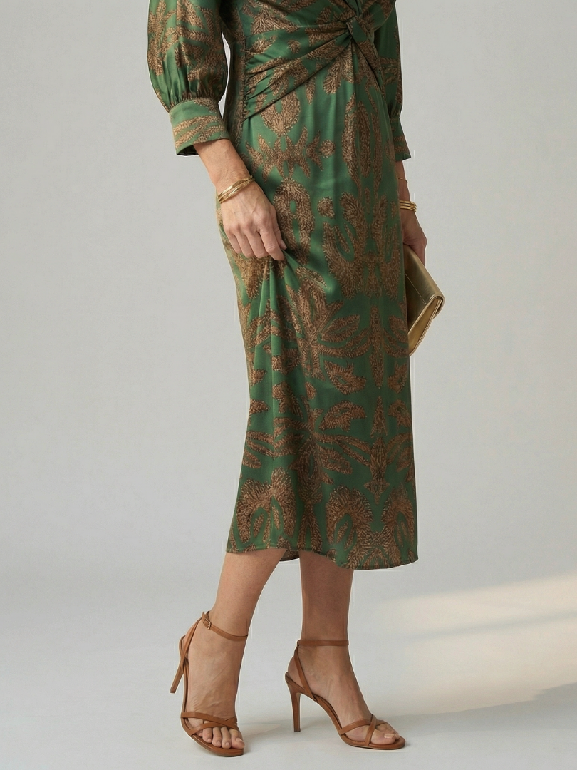 Lucy - Midi Dress with Long Sleeves and Natural Print
