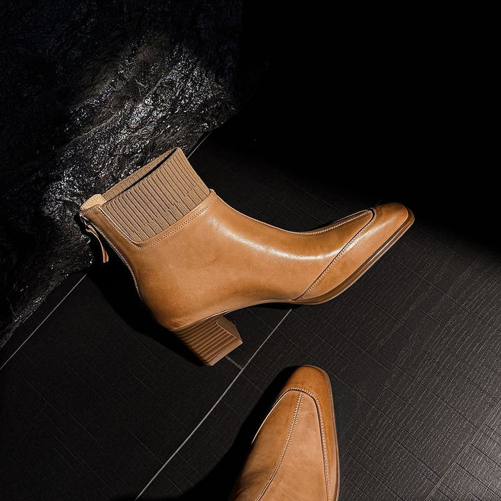 Cosima - Genuine Leather Square Toe Ankle Boots