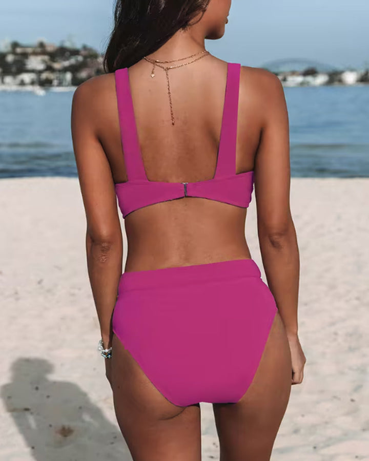 Marilyn - Solid High-Waisted Bikini with V-Neck Top