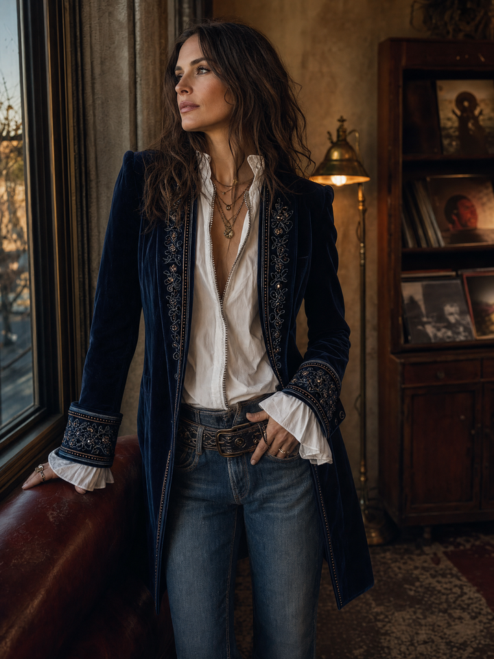 Paloma - Vintage Velvet Longline Jacket with Floral Embroidery