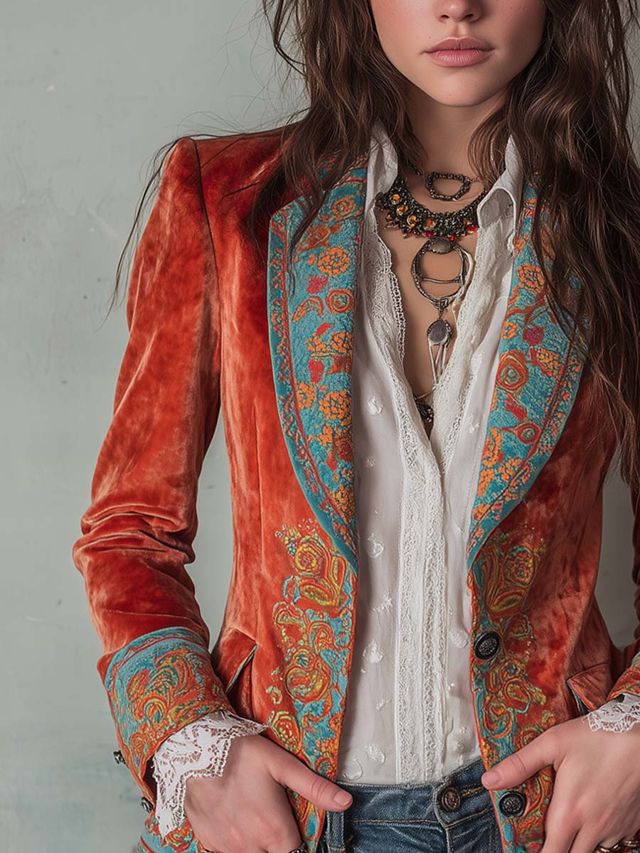 Thea - Retro Velvet Blazer with Contrast Print