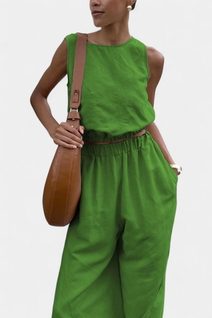 Nerissa - Cotton-Linen Sleeveless Top and Wide-Leg Pants Set with Side Slits