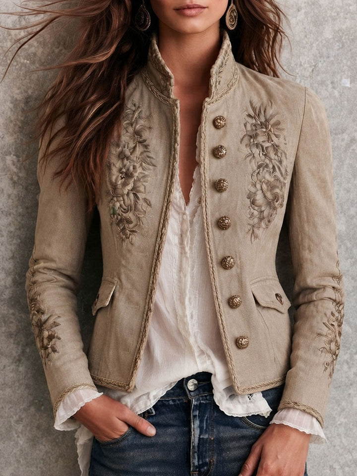 Eloise - Retro Beige Jacket with Stand Collar and Floral Embroidery
