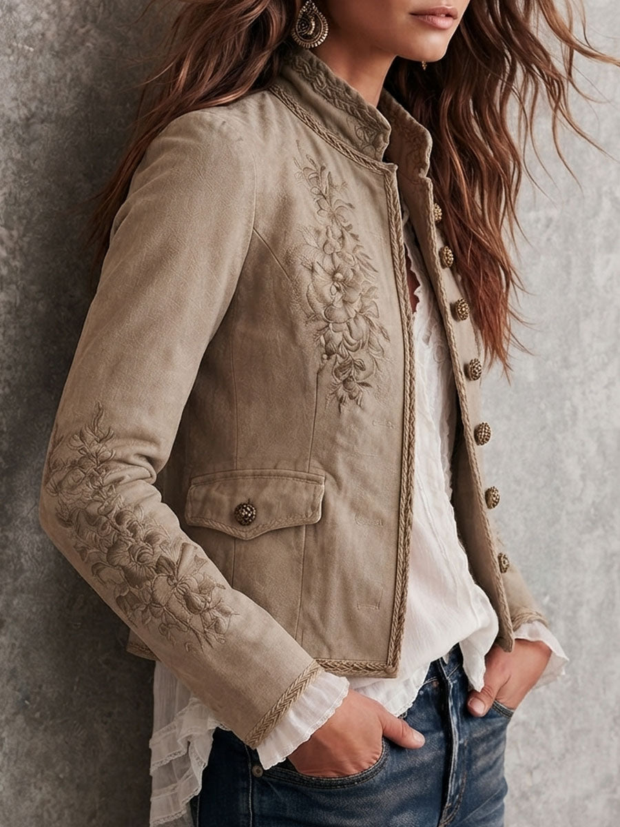 Eloise - Retro Beige Jacket with Stand Collar and Floral Embroidery