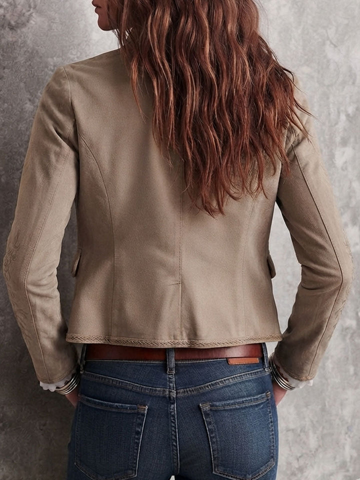 Eloise - Retro Beige Jacket with Stand Collar and Floral Embroidery